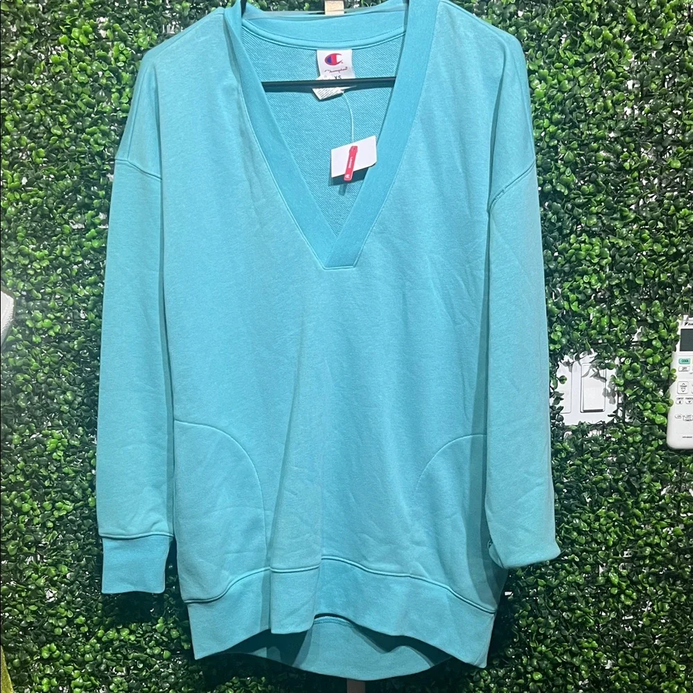Champion Long Sleeve V-Neck French Terry Pullover Teal Blue XS oversized